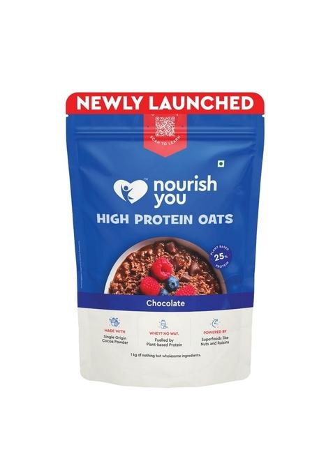 Nourish You 25% High Protein Chocolate Oats -1Kg Plant Based Protein | Made With Rolled Oats, Cocoa Powder, Almonds, Raisins & Soy Protein | High Protein Breakfast Cereal | 1Kg Pack