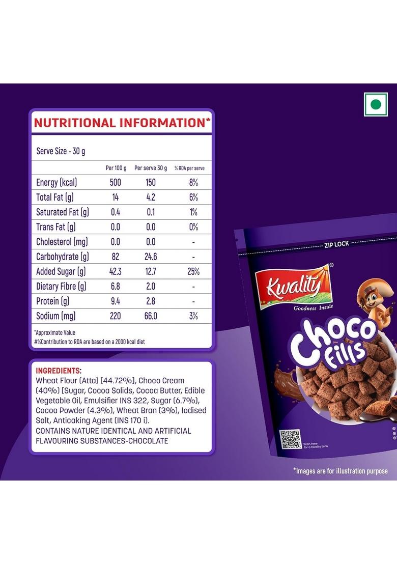Kwality Choco Fills 250G | Chocolate Flavor, No Maida | Crunchy Bites Filled With Rich Chocolate | Healthy Food & Breakfast Cereal For Kids | High In Protein & Fiber