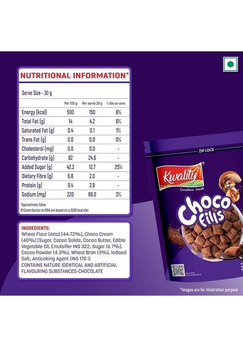 Kwality Choco Fills 250G | Chocolate Flavor, No Maida | Crunchy Bites Filled With Rich Chocolate | Healthy Food & Breakfast Cereal For Kids | High In Protein & Fiber