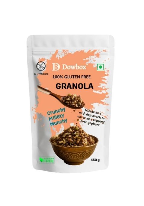 Dowbox Gluten-Free Granola 450 G | Allergen-Free | Nut-Free | Oat-Free | High Fibre | Crunchy Millet-Based Breakfast Mix | 100% Vegetarian | No Additives | No Preservatives