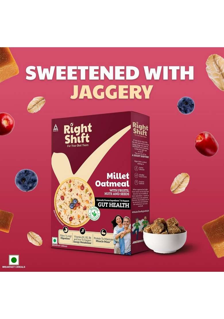 Right Shift High Protein Oats With Real Fruits, Nuts And Seeds, 240G | No Refined Sugar, Sweetened With Jaggery | No Preservatives | Clinically Proven Ingredients For Gut Health - Indya