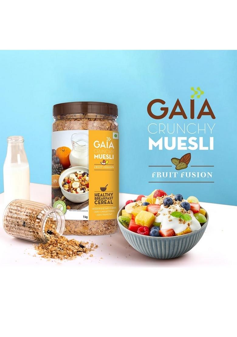 Gaia Crunchy Muesli – Fruit Fusion, 1Kg | High-Fiber, Multigrain Breakfast Cereal | Enriched With Real Dried Fruits | Source Of Protein, Iron & Antioxidants | Ideal For Weight Watchers & Healthy Lifestyle