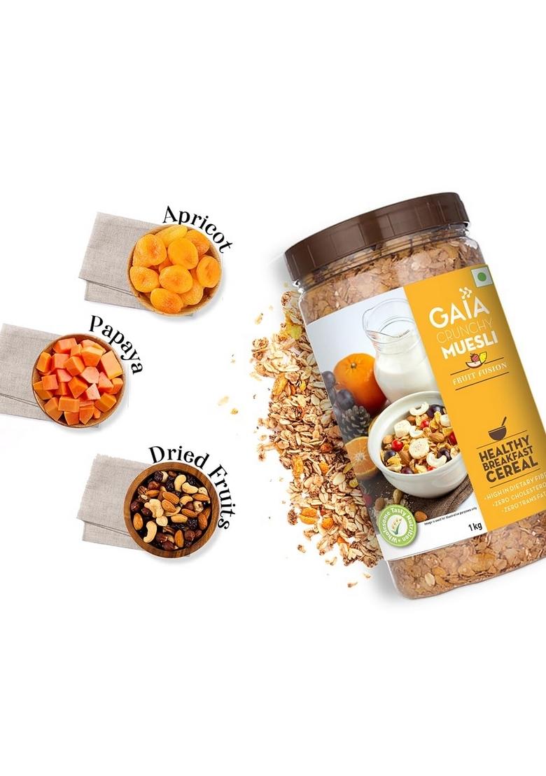 Gaia Crunchy Muesli – Fruit Fusion, 1Kg | High-Fiber, Multigrain Breakfast Cereal | Enriched With Real Dried Fruits | Source Of Protein, Iron & Antioxidants | Ideal For Weight Watchers & Healthy Lifestyle