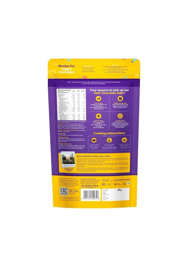 Yogabar Dark Chocolate Oats Combo - Gluten Free Whole Oatmeal For Breakfast - Healthy Breakfast Cereal For Children And Adults - Makes Milk Fun For Children - 400G Each (Pack Of 3) - Indya