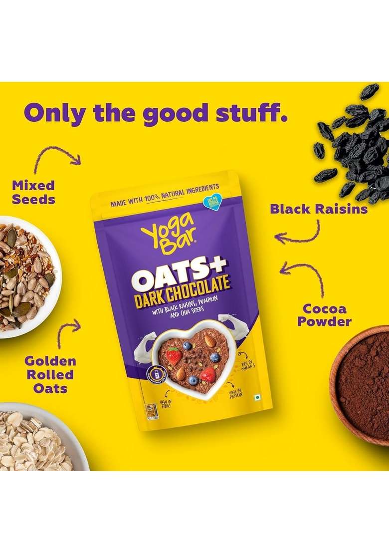 Yogabar Dark Chocolate Oats Combo - Gluten Free Whole Oatmeal For Breakfast - Healthy Breakfast Cereal For Children And Adults - Makes Milk Fun For Children - 400G Each (Pack Of 3) - Indya