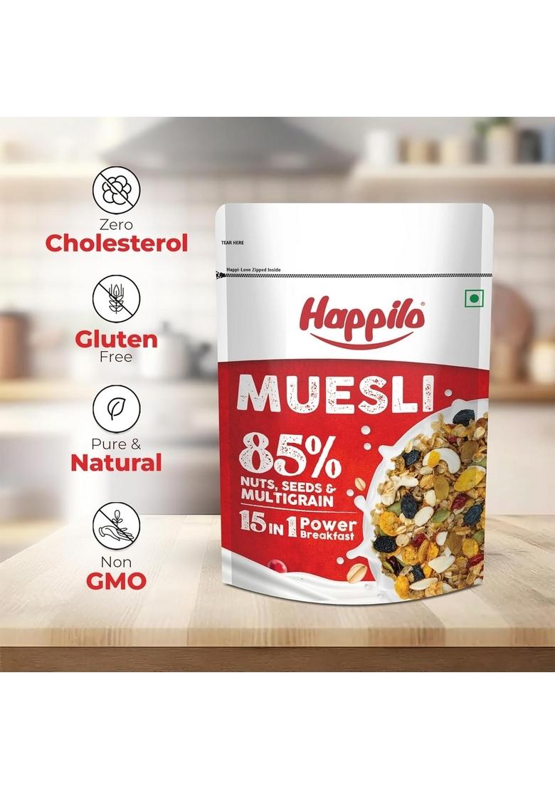 Happilo Dry Fruit Muesli 500G, 85% Nuts, Seeds And Multigrain, 15 In 1 Power Breakfast, High In Fiber, Omega 3, Protein (Pack Of 2)