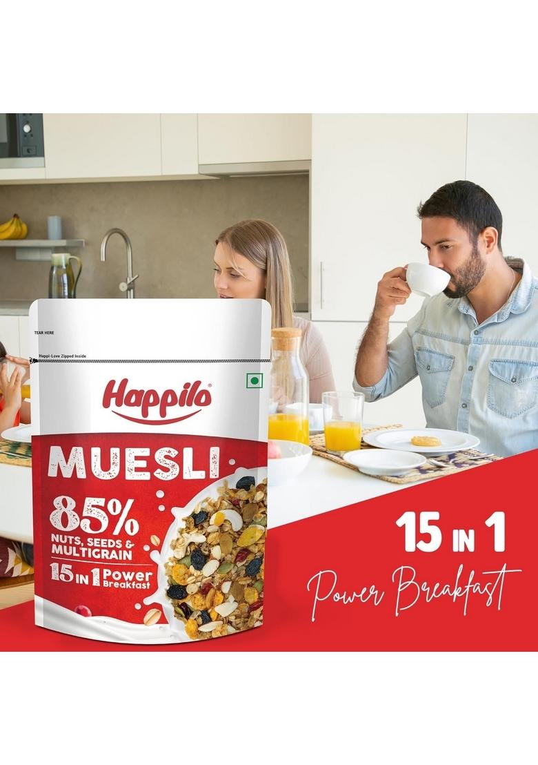 Happilo Dry Fruit Muesli 500G, 85% Nuts, Seeds And Multigrain, 15 In 1 Power Breakfast, High In Fiber, Omega 3, Protein (Pack Of 2)
