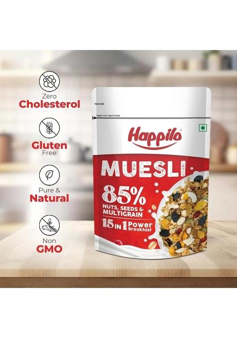 Happilo Dry Fruit Muesli 500G, 85% Nuts, Seeds And Multigrain, 15 In 1 Power Breakfast, High In Fiber, Omega 3, Protein (Pack Of 2)