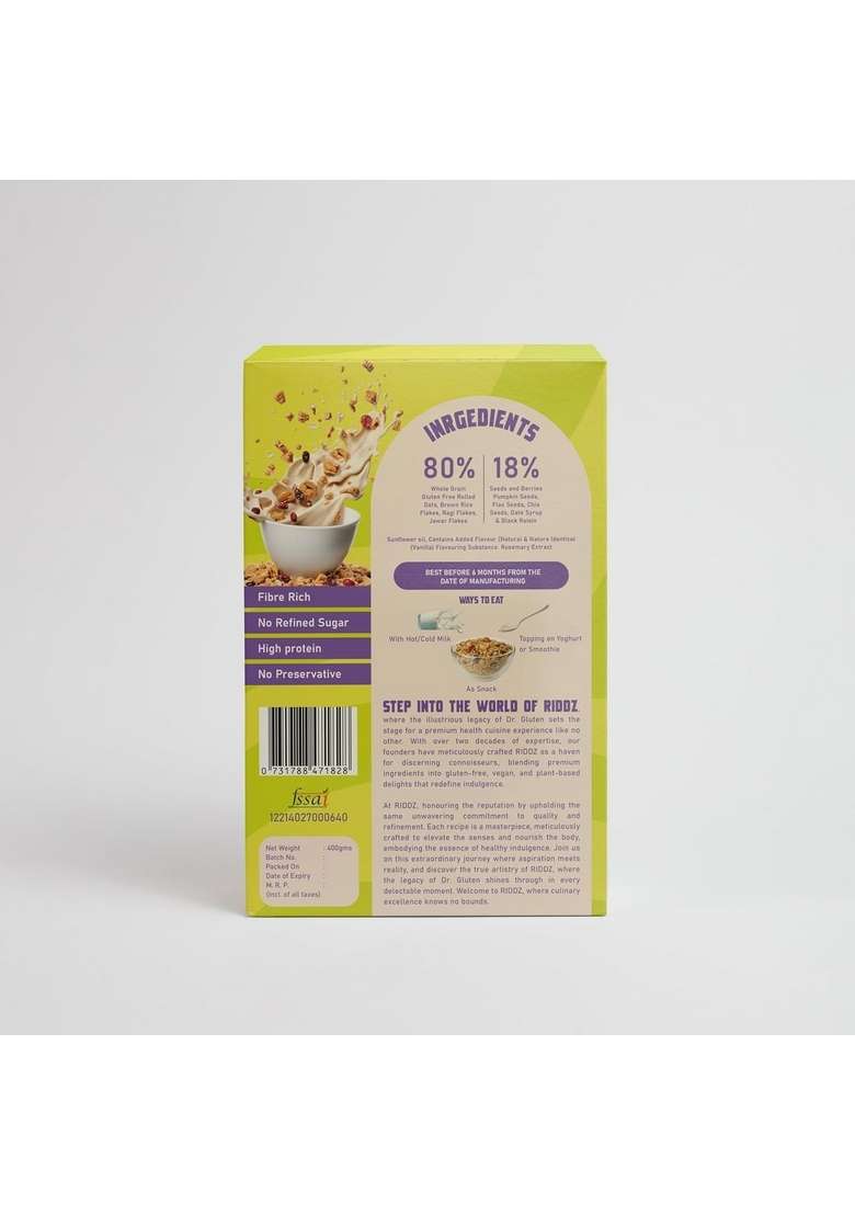 Dr. Gluten Riddz Classic Muesli 400Gms | 80% Whole Grain Oats With Ragi & Jowar, 18% Seeds & Berries | Gluten Free | Rich In Protein, Fibre & Iron | Sweetened With Date Syrup | Breakfast Cereal - Indya