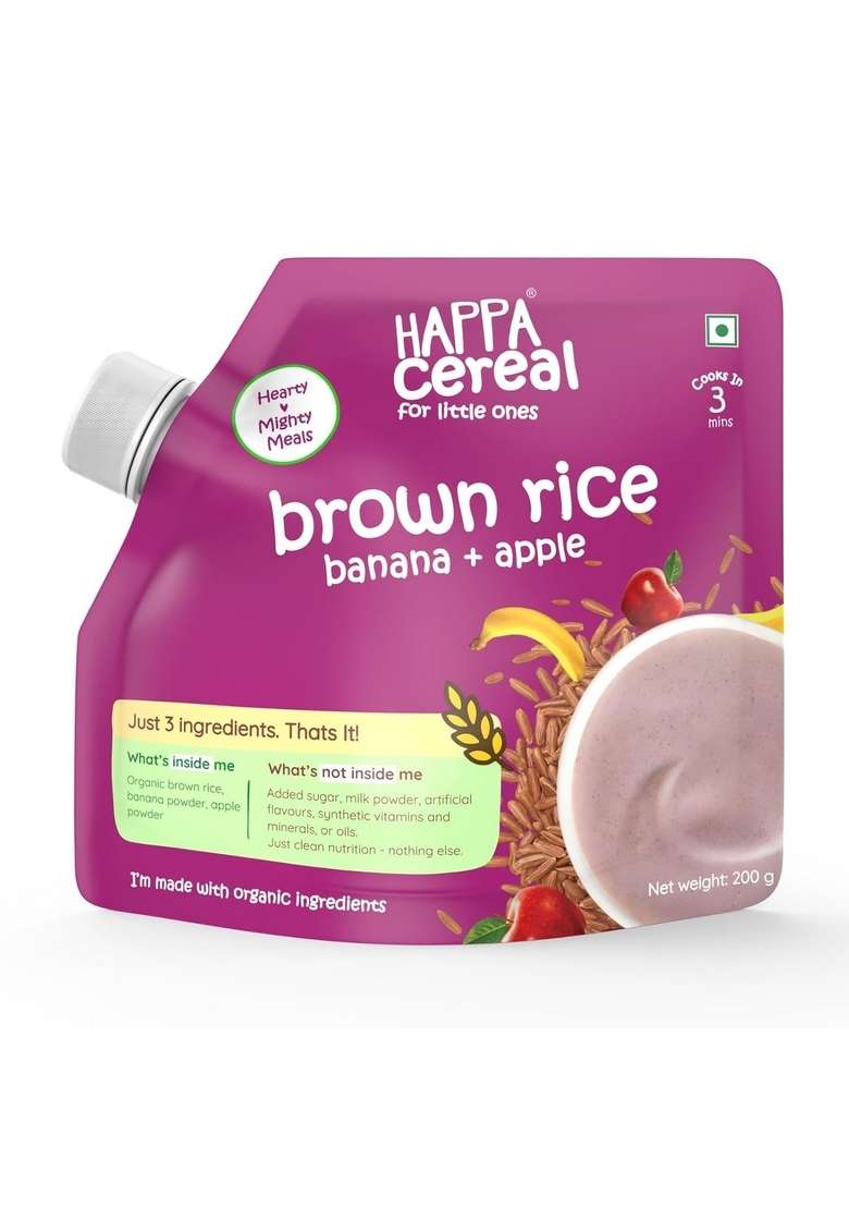Happa Brown Rice Apple Banana Cereal For Babies | 3 Ingredients | No Sugar, Oil, Milk Powder, Flavours, Colours | Cooks In 3 Minutes | Stage 2 (6 Months+) | 200G Pack - Indya
