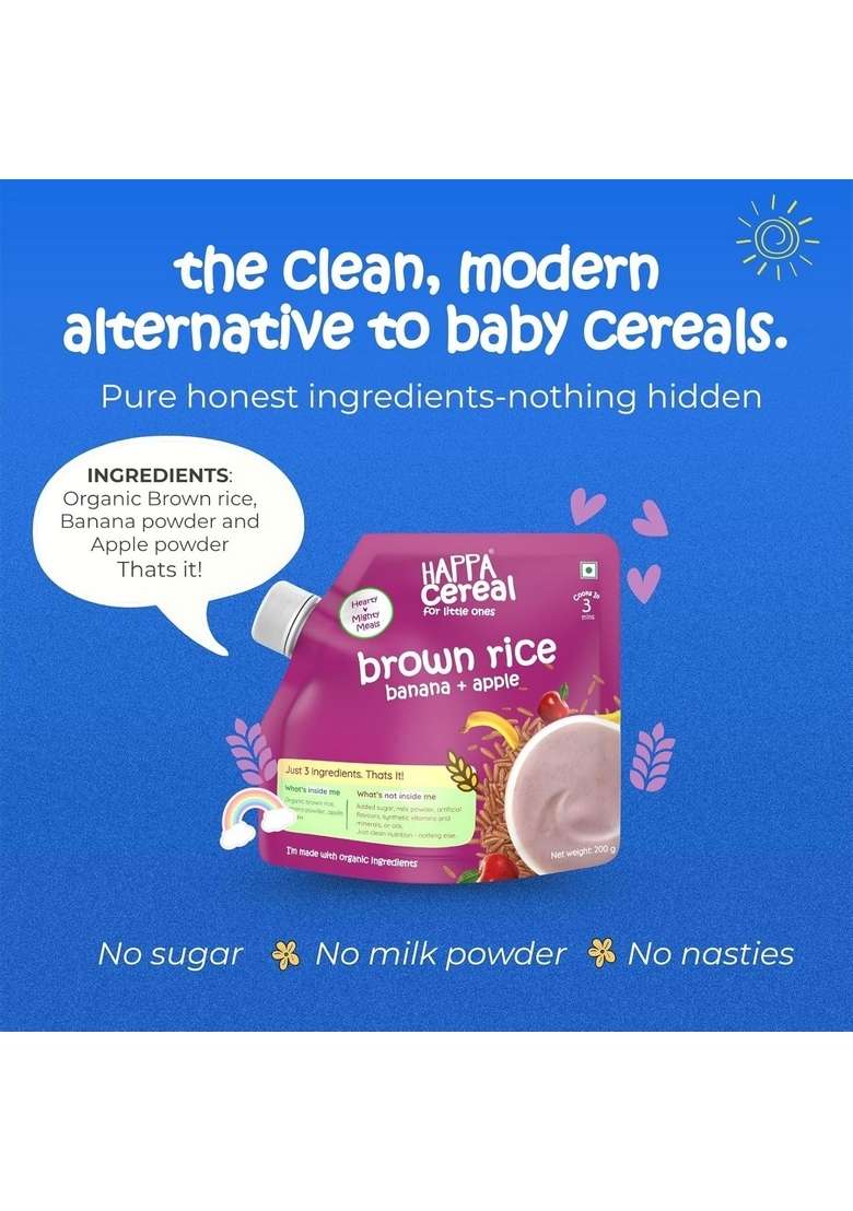 Happa Brown Rice Apple Banana Cereal For Babies | 3 Ingredients | No Sugar, Oil, Milk Powder, Flavours, Colours | Cooks In 3 Minutes | Stage 2 (6 Months+) | 200G Pack - Indya