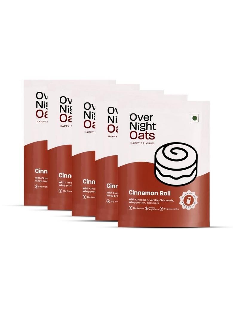 Overnight Oats 20Gm High Protein, Refined Sugar Free, With Cinnamon, Vanilla, Chia Seeds, Whey Protein & More| Breakfast Cereals For Weight Management| (Cinnamon Roll, Pack Of 5)