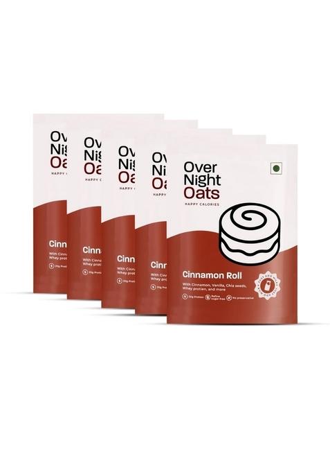 Overnight Oats 20Gm High Protein, Refined Sugar Free, With Cinnamon, Vanilla, Chia Seeds, Whey Protein & More| Breakfast Cereals For Weight Management| (Cinnamon Roll, Pack Of 5)