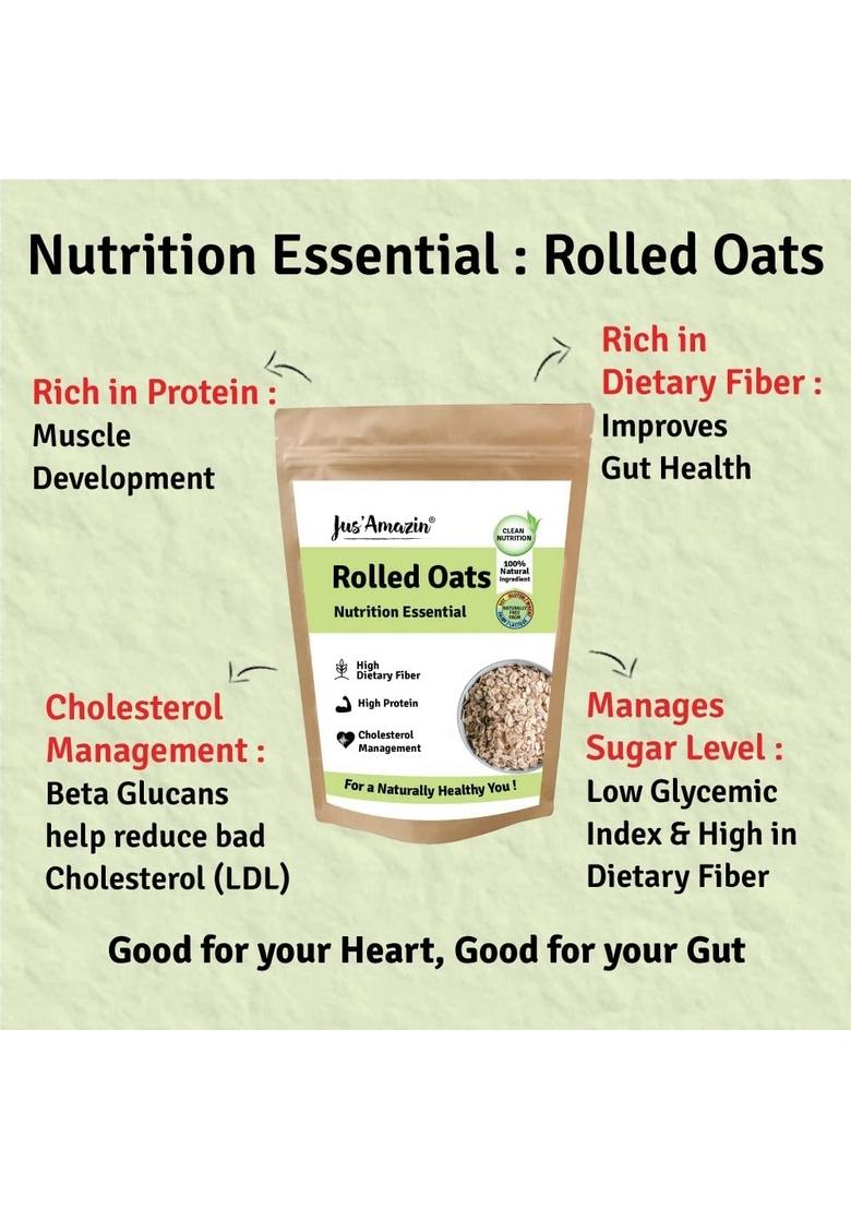 Jus' Amazin Rolled Oats (500G) | High Protein | With Beta Glucan Fiber | Cholesterol Management | Helps In Weight Loss | High Fiber | Naturally Gluten Free | Clean Nutrition | 100% Natura