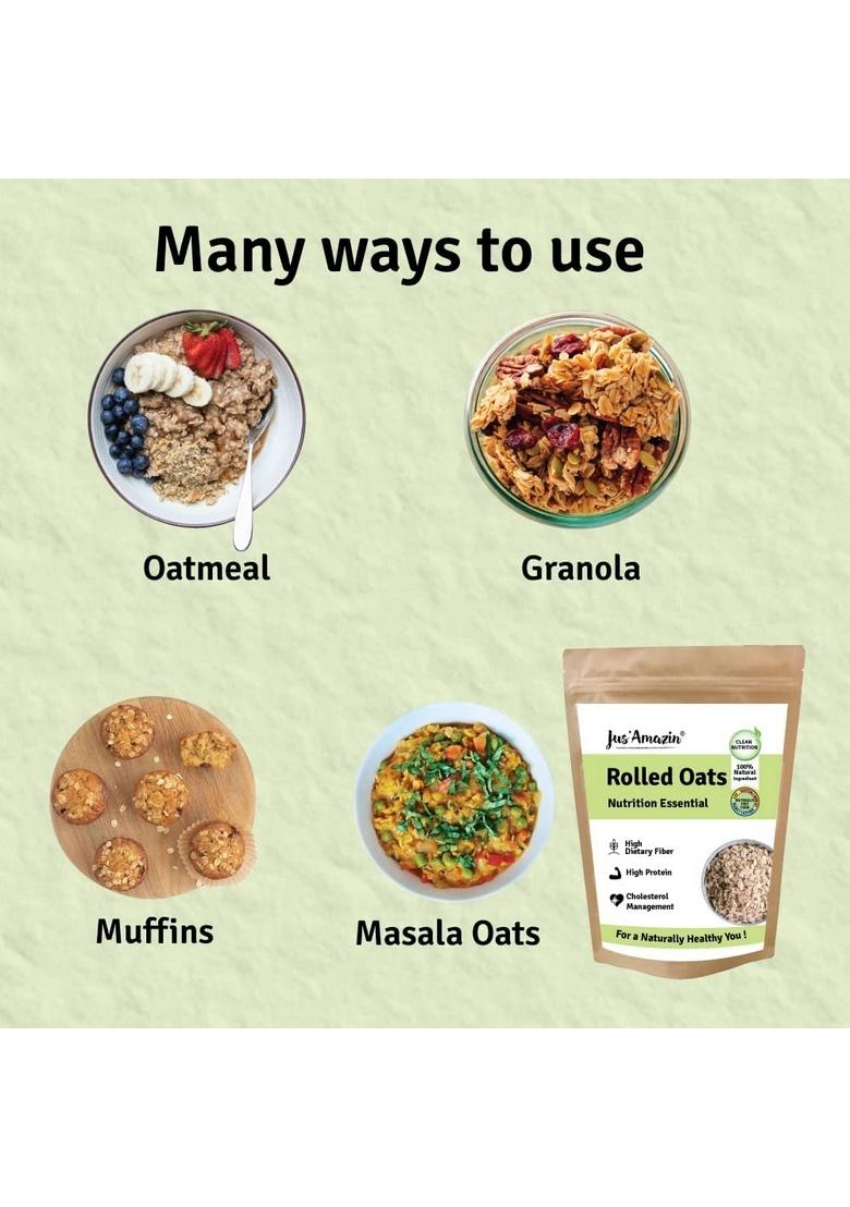 Jus' Amazin Rolled Oats (500G) | High Protein | With Beta Glucan Fiber | Cholesterol Management | Helps In Weight Loss | High Fiber | Naturally Gluten Free | Clean Nutrition | 100% Natura