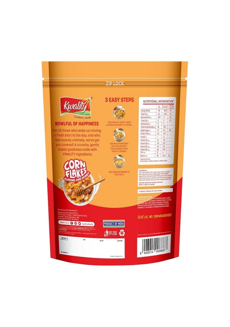 Kwality Corn Flakes With Almond & Honey 300 G | Made Golden Corns 99% Fat-Free High In Protein Zero Cholesterol Healthy Breakfast Cereal