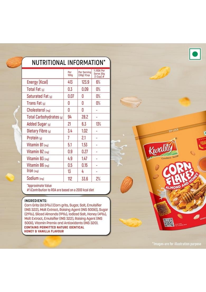 Kwality Corn Flakes With Almond & Honey 300 G | Made Golden Corns 99% Fat-Free High In Protein Zero Cholesterol Healthy Breakfast Cereal