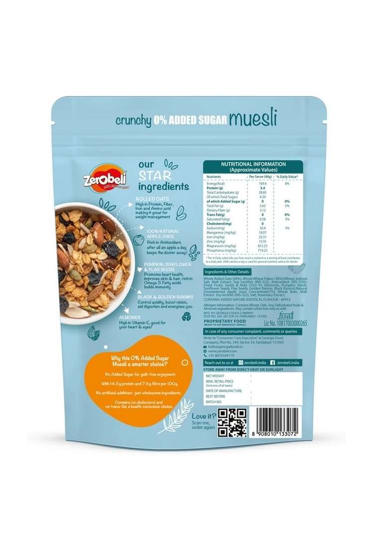 Zerobeli Crunchy 0% Added Sugar Muesli 425G (Pack Of 2) | 90% Wholegrains Rich In Flax Seeds, Sunflower Seeds And Raisins | Multigrain Breakfast Cereal | Diabetic Friendly And Helps In Manage Weight - Indya
