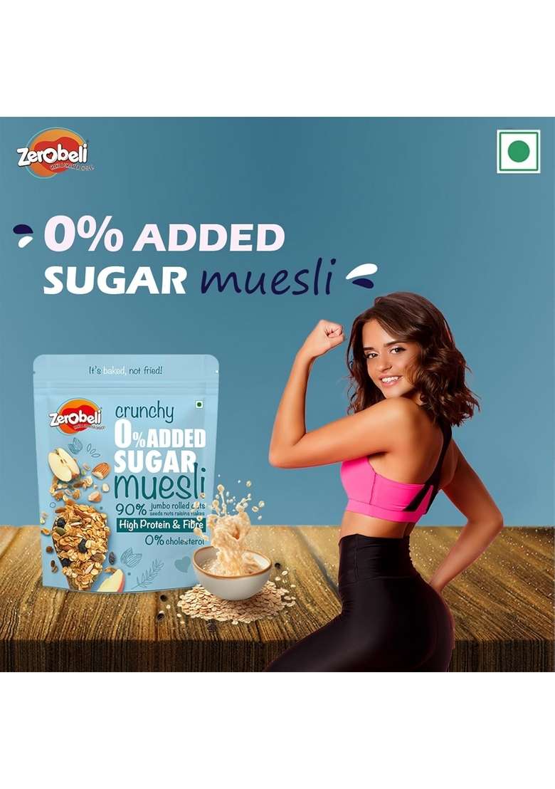 Zerobeli Crunchy 0% Added Sugar Muesli 425G (Pack Of 2) | 90% Wholegrains Rich In Flax Seeds, Sunflower Seeds And Raisins | Multigrain Breakfast Cereal | Diabetic Friendly And Helps In Manage Weight - Indya