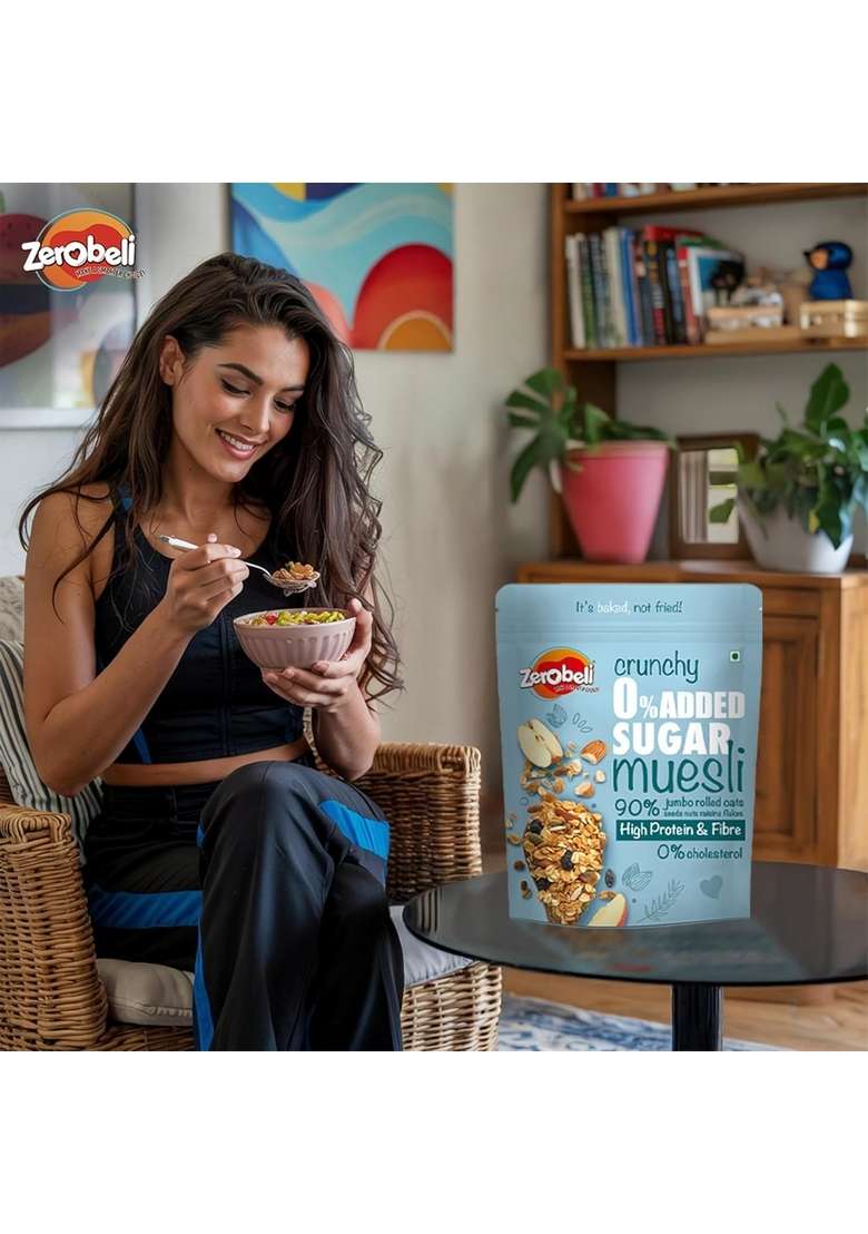 Zerobeli Crunchy 0% Added Sugar Muesli 425G (Pack Of 2) | 90% Wholegrains Rich In Flax Seeds, Sunflower Seeds And Raisins | Multigrain Breakfast Cereal | Diabetic Friendly And Helps In Manage Weight - Indya