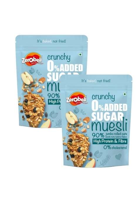 Zerobeli Crunchy 0% Added Sugar Muesli 425G (Pack Of 2) | 90% Wholegrains Rich In Flax Seeds, Sunflower Seeds And Raisins | Multigrain Breakfast Cereal | Diabetic Friendly And Helps In Manage Weight