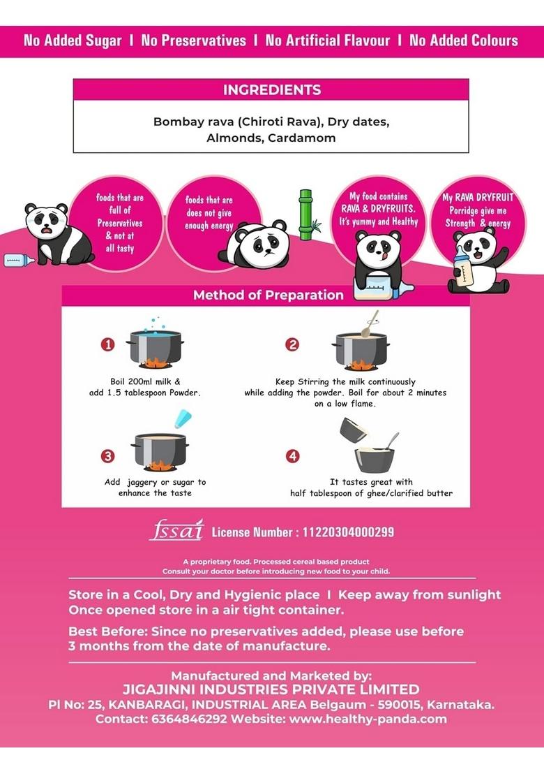 Healthy Panda Rava & Dryfruit Porridge Mix |400G| – Blended With |Dates-Almond & Elaichi|, Nutrient-Rich Sooji Rava & Dry Fruit Powder, Ideal For Kids, Nutritious Kids Cereal For Overall Growth & Development.