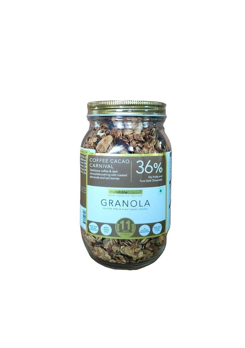 Thenibblebox Coffee Cacao Carnival Granola 500G, Jar [36% Dry Fruits, Gluten Free, Plant Based/Vegan Friendly, No Preservatives/Additives] - Indya