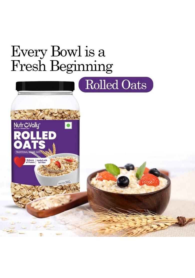 Nutrovally Rolled Oats 1Kg Jar | High-Fiber, Protein-Rich Wholegrain Oats | Gluten-Free & Vegan | Supports Weight Loss, Heart Health & Digestion | Healthy Breakfast Cereal | Quick Cooking Clean Food
