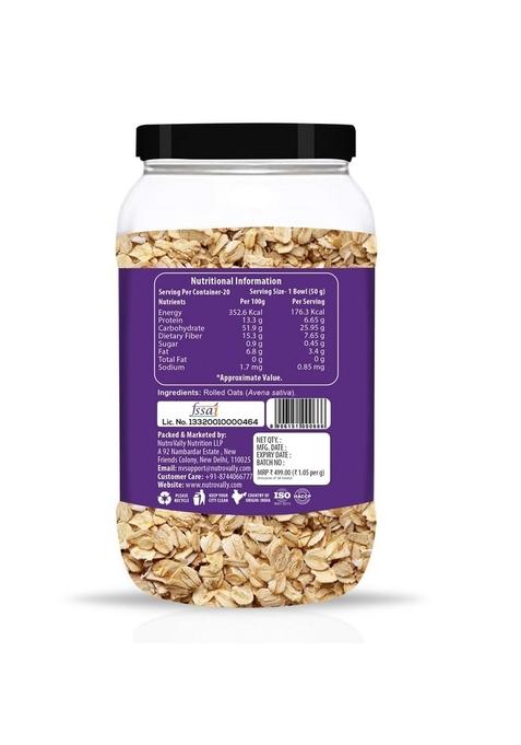 Nutrovally Rolled Oats 1Kg Jar | High-Fiber, Protein-Rich Wholegrain Oats | Gluten-Free & Vegan | Supports Weight Loss, Heart Health & Digestion | Healthy Breakfast Cereal | Quick Cooking Clean Food