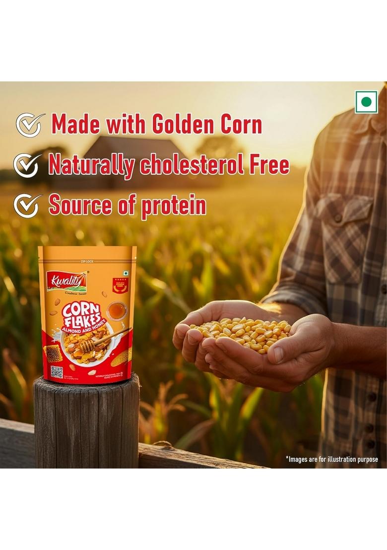 Kwality Corn Flakes With Almond & Honey 1Kg | Made With Golden Corns | 99% Fat-Free | High In Protein, Zero Cholesterol | Healthy Breakfast Cereal