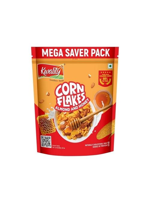 Kwality Corn Flakes With Almond & Honey 1Kg | Made With Golden Corns | 99% Fat-Free | High In Protein, Zero Cholesterol | Healthy Breakfast Cereal