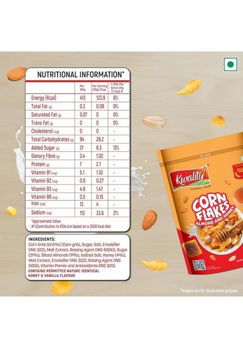 Kwality Corn Flakes With Almond & Honey 1Kg | Made With Golden Corns | 99% Fat-Free | High In Protein, Zero Cholesterol | Healthy Breakfast Cereal