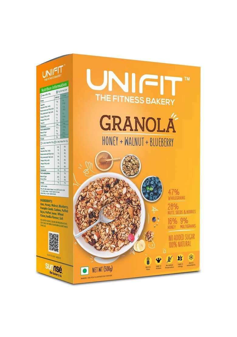 Unifit Instant Baked Crunchy Granola | Wholegrains, Honey, Nuts & Dried Fruits | Healthy Ready-To-Eat Oat Cereal With Walnuts & Blueberries | Delicious Diet Snack | 500G - Indya