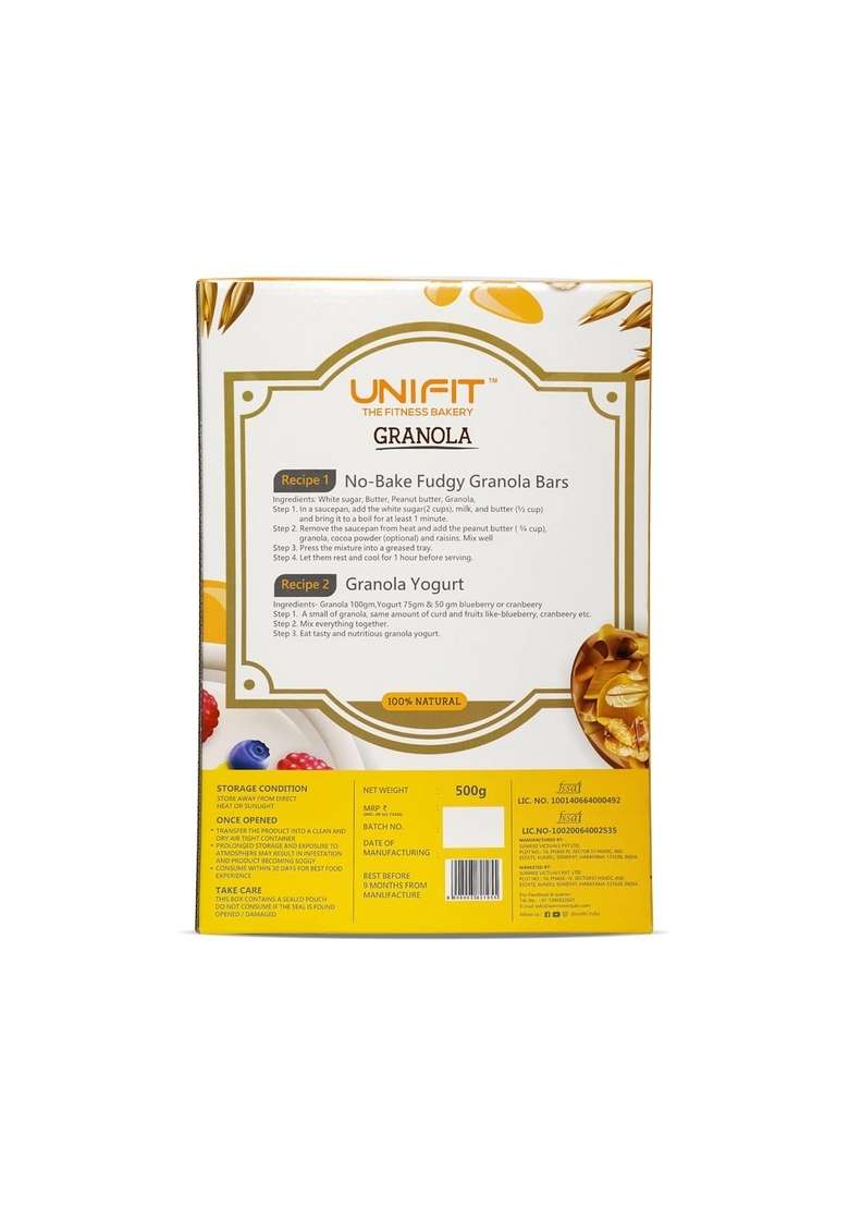 Unifit Instant Baked Crunchy Granola | Wholegrains, Honey, Nuts & Dried Fruits | Healthy Ready-To-Eat Oat Cereal With Walnuts & Blueberries | Delicious Diet Snack | 500G - Indya