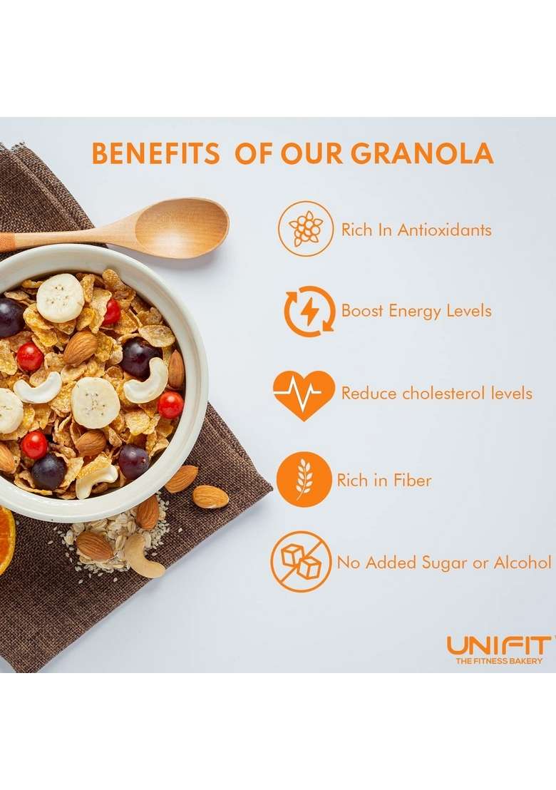 Unifit Instant Baked Crunchy Granola | Wholegrains, Honey, Nuts & Dried Fruits | Healthy Ready-To-Eat Oat Cereal With Walnuts & Blueberries | Delicious Diet Snack | 500G - Indya