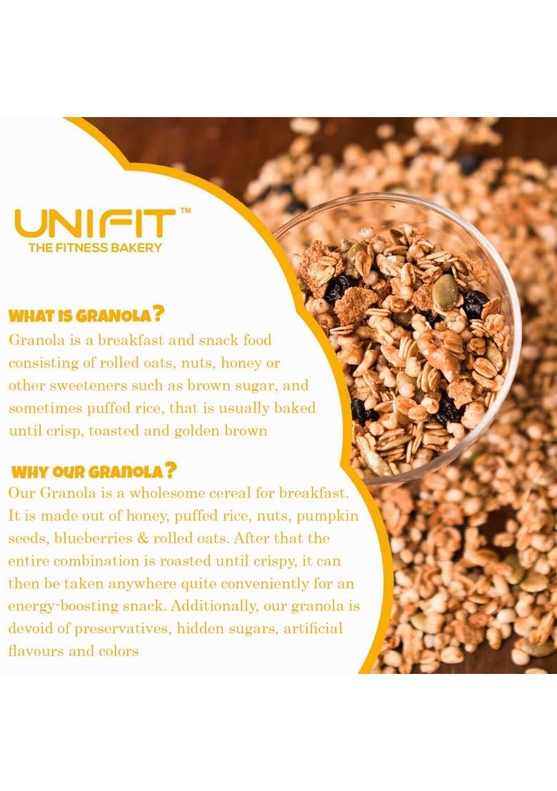 Unifit Instant Baked Crunchy Granola | Wholegrains, Honey, Nuts & Dried Fruits | Healthy Ready-To-Eat Oat Cereal With Walnuts & Blueberries | Delicious Diet Snack | 500G - Indya