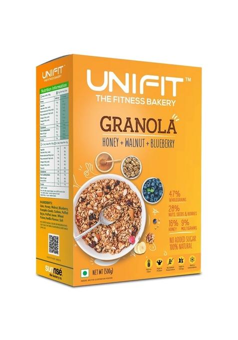 Unifit Instant Baked Crunchy Granola | Wholegrains, Honey, Nuts & Dried Fruits | Healthy Ready-To-Eat Oat Cereal With Walnuts & Blueberries | Delicious Diet Snack | 500G