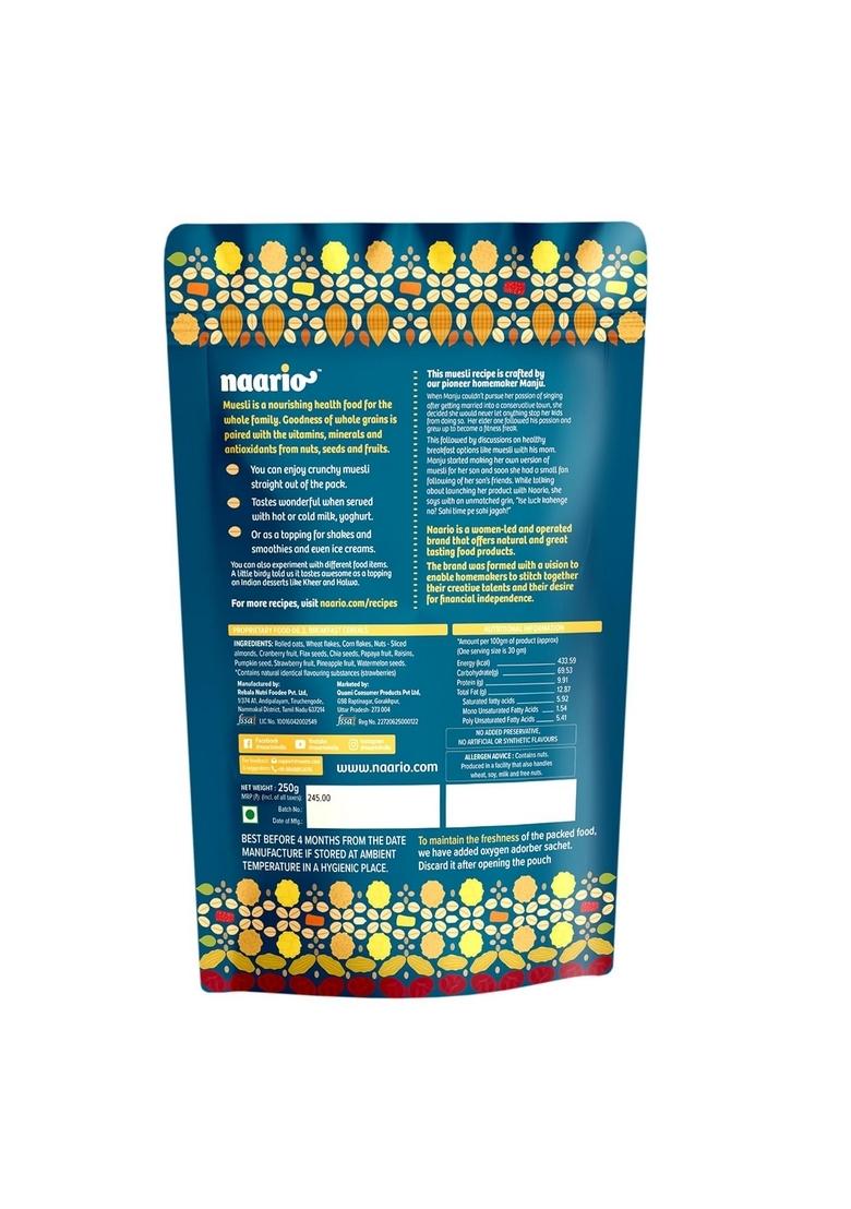 Naario Muesli Fruit And Nuts Sugar Free | High Protein Muesli, Healthy Breakfast Cereal With Strawberries, Almonds, Raisins, Seeds | Rich In Fibre 500G