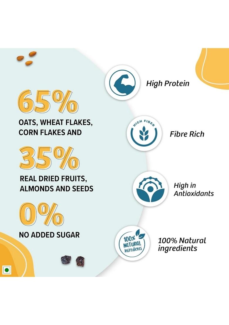 Naario Muesli Fruit And Nuts Sugar Free | High Protein Muesli, Healthy Breakfast Cereal With Strawberries, Almonds, Raisins, Seeds | Rich In Fibre 500G