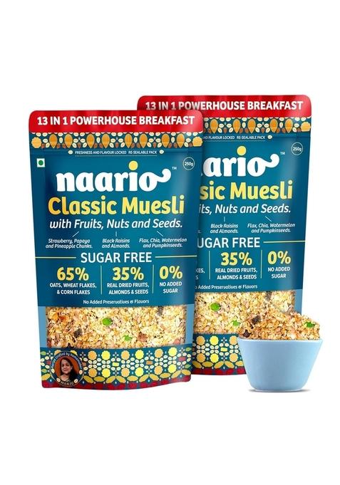 Naario Muesli Fruit And Nuts Sugar Free | High Protein Muesli, Healthy Breakfast Cereal With Strawberries, Almonds, Raisins, Seeds | Rich In Fibre 500G