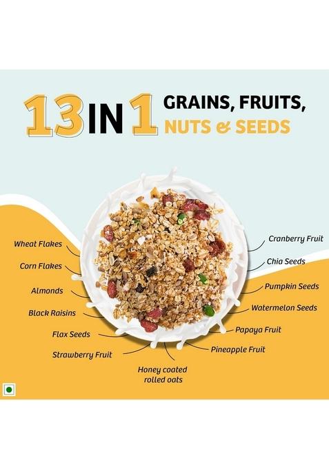 Naario Muesli Fruit And Nuts Sugar Free | High Protein Muesli, Healthy Breakfast Cereal With Strawberries, Almonds, Raisins, Seeds | Rich In Fibre 500G