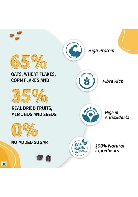 Naario Muesli Fruit And Nuts Sugar Free | High Protein Muesli, Healthy Breakfast Cereal With Strawberries, Almonds, Raisins, Seeds | Rich In Fibre 500G