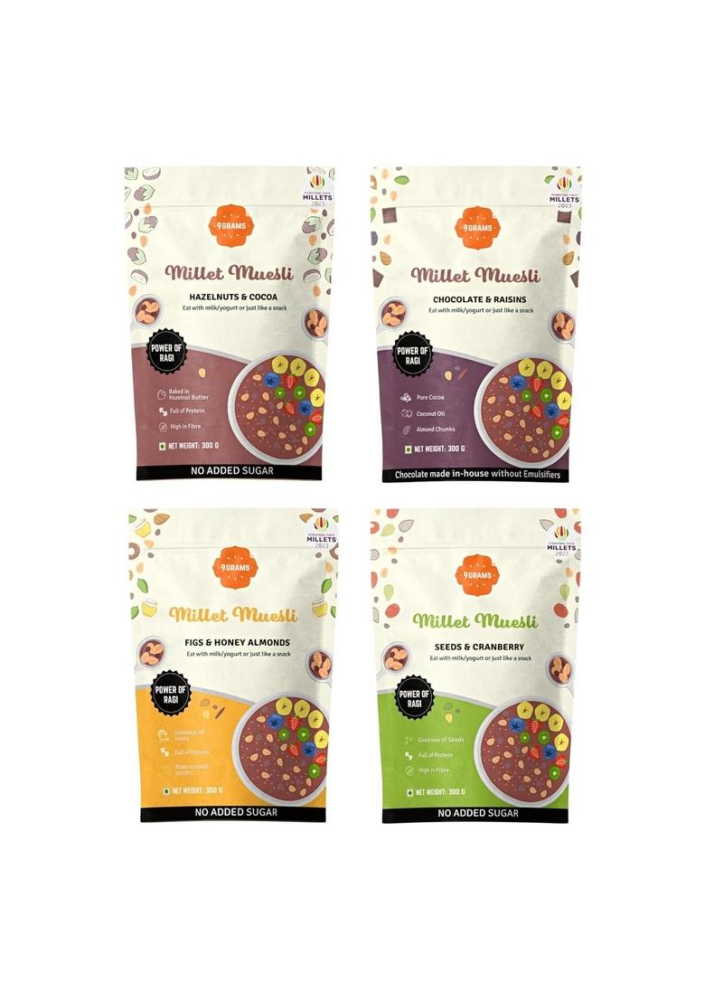 9Grams Millet Muesli | 100% Natural | With Ragi Millets | 8G Protein | Healthy Breakfast Without Added Sugar Or Preservatives (Trial Pack 4X100G)