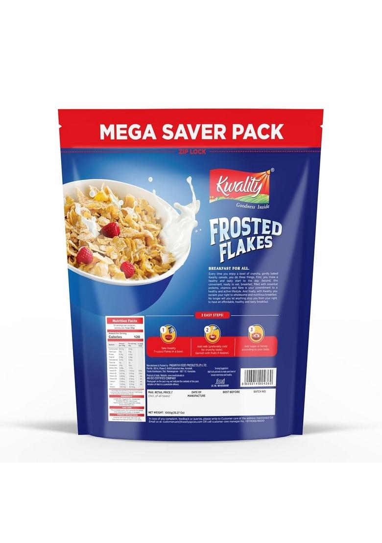 Kwality Frosted Flakes 1Kg | Made With Golden Corns | 99% Fat-Free | Natural Source Of Vitamins & Iron | High Protein & Fiber | Healthy Breakfast Cereal