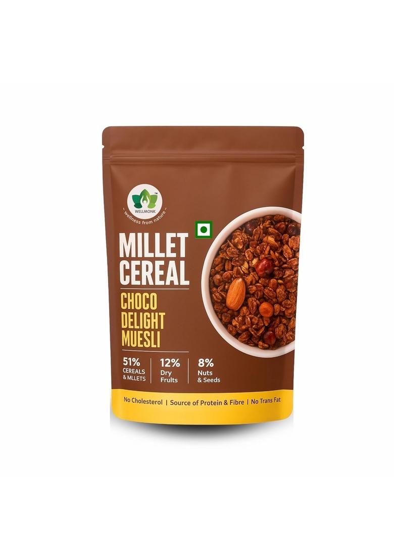 Wellmonk Millet Cereals Choco Delight Muesli| 51% Millets & Cereals | 12% Dry Fruits | 8% Nuts & Seeds | No Cholesterol | Source Of Fiber & Protein | No Trans Fat | Cereals For Anywhere & Anytime Snacks & Breakfast (400G)