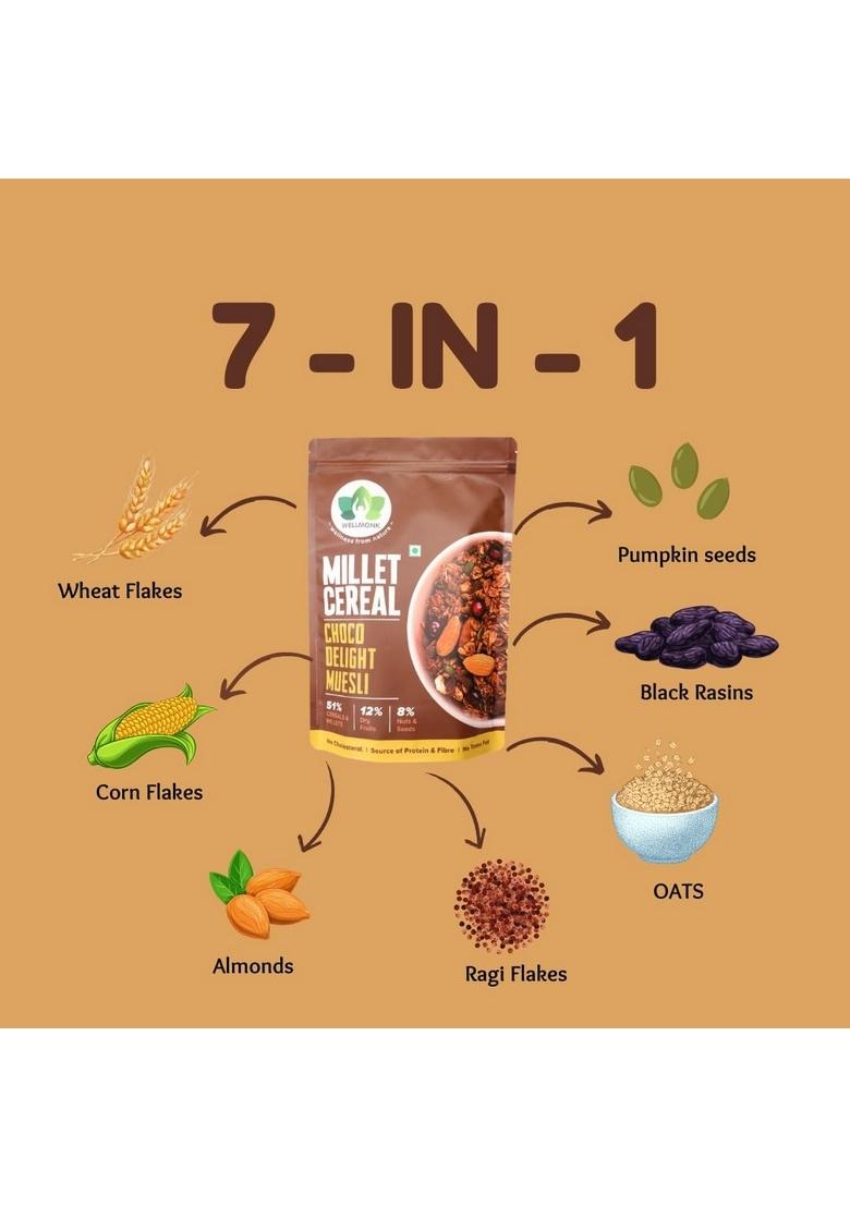 Wellmonk Millet Cereals Choco Delight Muesli| 51% Millets & Cereals | 12% Dry Fruits | 8% Nuts & Seeds | No Cholesterol | Source Of Fiber & Protein | No Trans Fat | Cereals For Anywhere & Anytime Snacks & Breakfast (400G)
