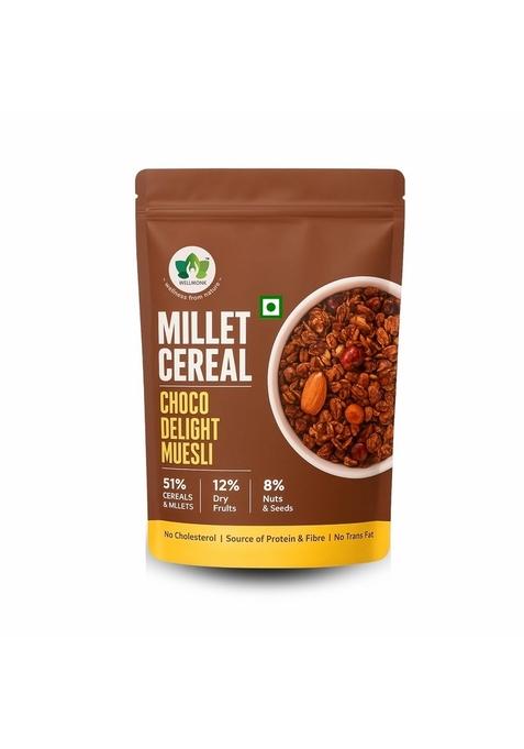 Wellmonk Millet Cereals Choco Delight Muesli| 51% Millets & Cereals | 12% Dry Fruits | 8% Nuts & Seeds | No Cholesterol | Source Of Fiber & Protein | No Trans Fat | Cereals For Anywhere & Anytime Snacks & Breakfast (400G)
