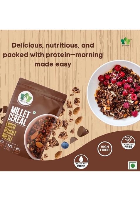 Wellmonk Millet Cereals Choco Delight Muesli| 51% Millets & Cereals | 12% Dry Fruits | 8% Nuts & Seeds | No Cholesterol | Source Of Fiber & Protein | No Trans Fat | Cereals For Anywhere & Anytime Snacks & Breakfast (400G)