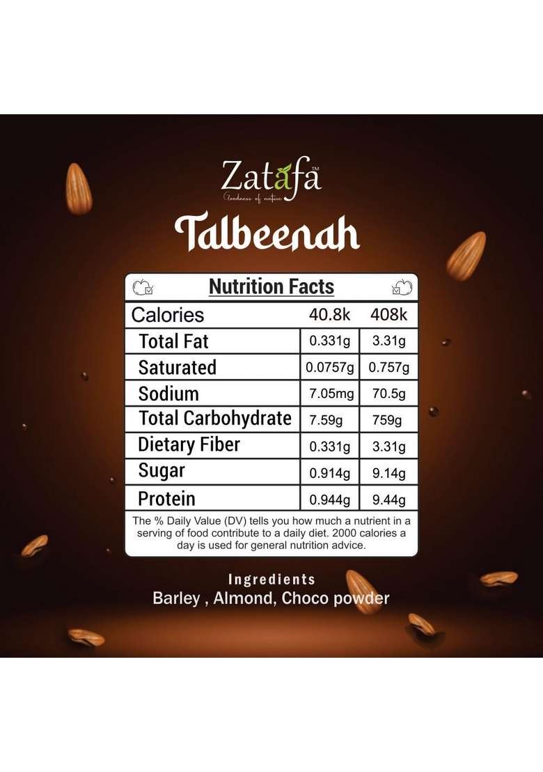 Zatafa Talbina Chocolate Flavour | Healthy Barley Porridge Mix With Almonds & Chocolate | Natural Energy Drink For Kids & Adults | 100% Vegetarian (500G) - Indya