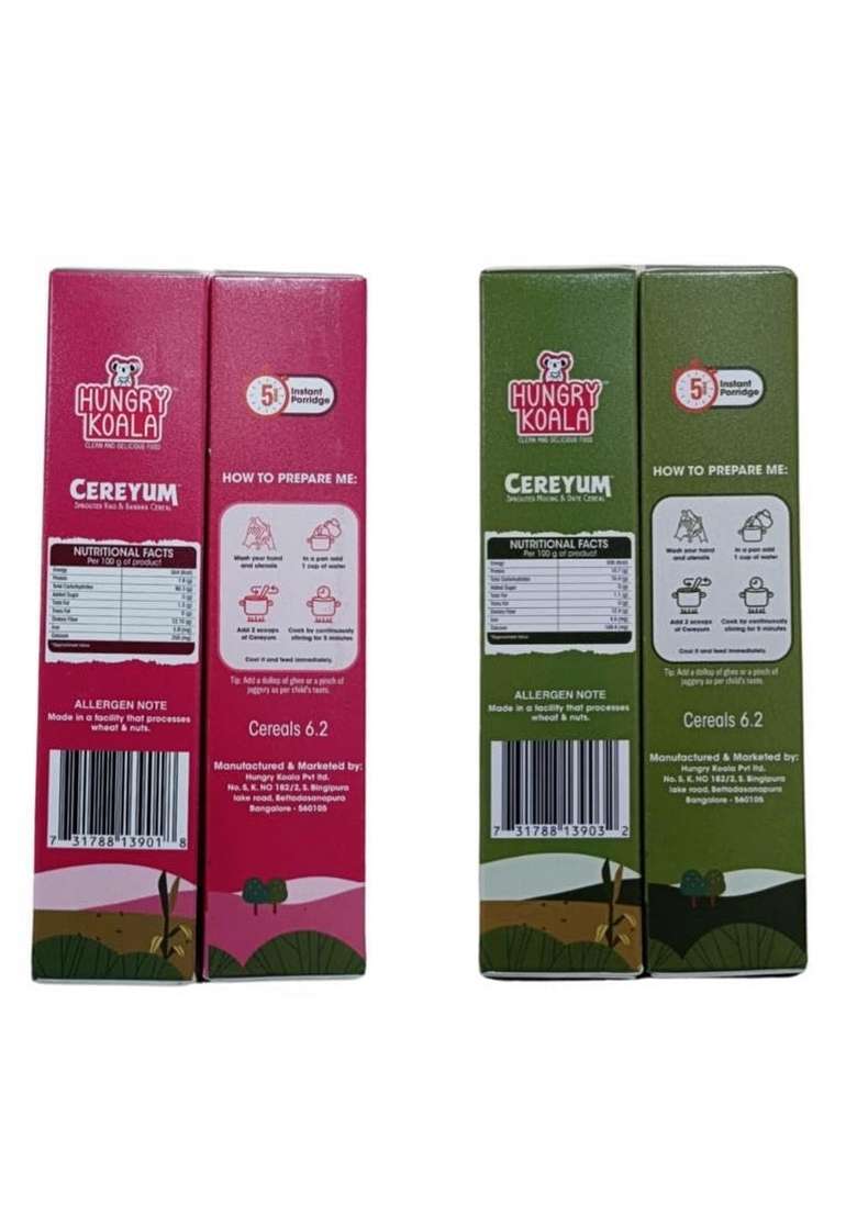 Hungry Koala Cereal Made With Natural Ingridients Sprouted Moong Dates Ragi & Banana For Kids To Grow Healthy No Preservative Or Additives Or Maida 250 Grams Pack Of 2 - Indya
